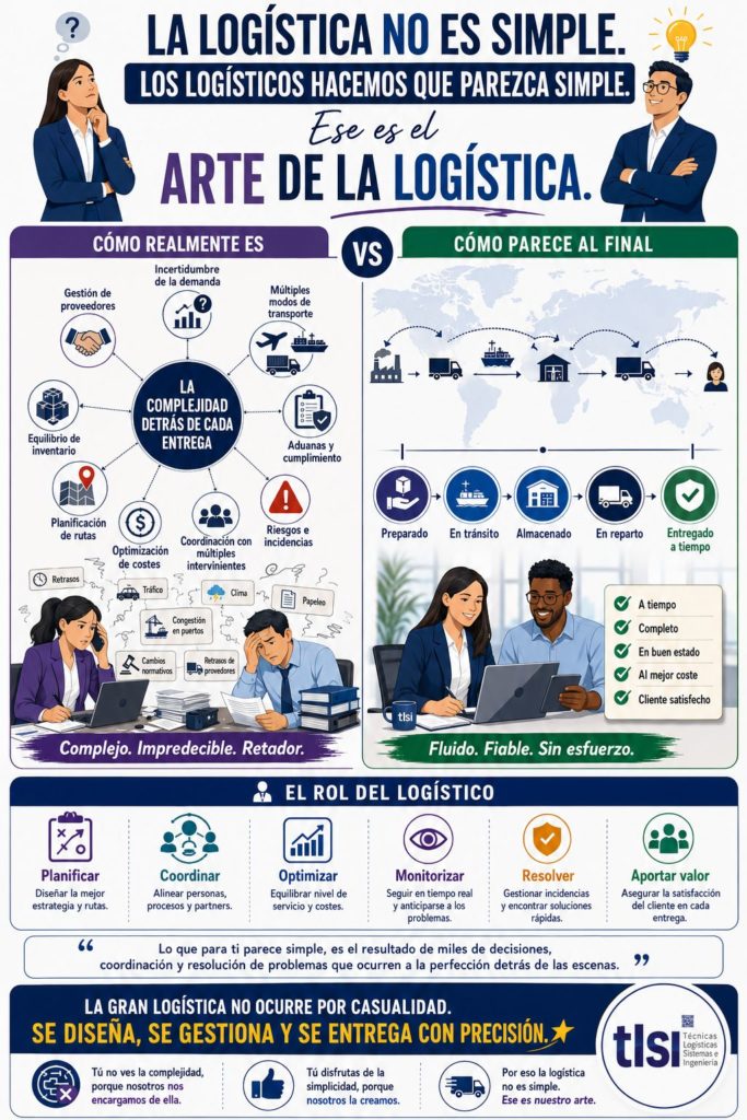 Infografía "La logística no es simple": complejidad real frente a la experiencia del cliente, y el rol del logístico - TLSI