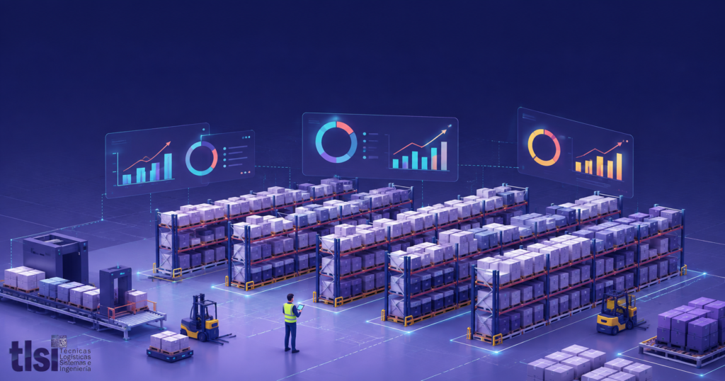 Ilustración isométrica de un almacén logístico con paneles de KPIs y gráficos de rendimiento en tiempo real