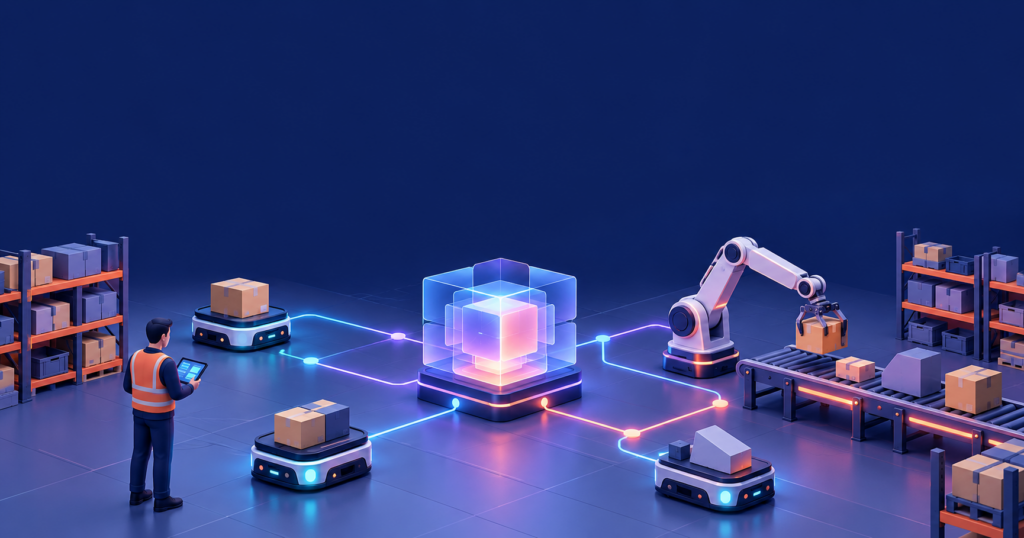 Ilustración isométrica de un almacén adaptativo: robots móviles, un brazo robótico y un núcleo de orquestación conectados por una red luminosa, con un operario supervisando